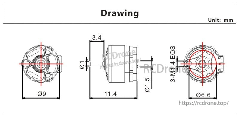 VCI 0702PRO Lite Brushless Motor dimension drawing—Ø9×11.4 mm body, Ø1 mm shaft, 6.6 mm mounting circle