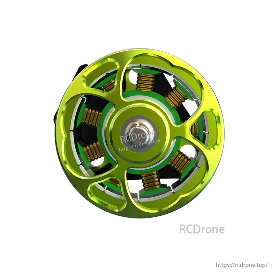 Top-down view of green micro motor rotor showing coil windings and vented bell design