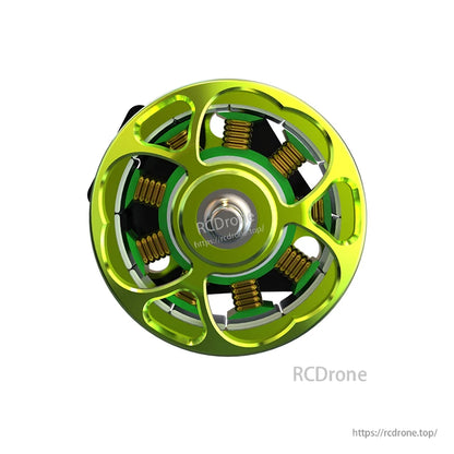 Top-down view of green micro motor rotor showing coil windings and vented bell design