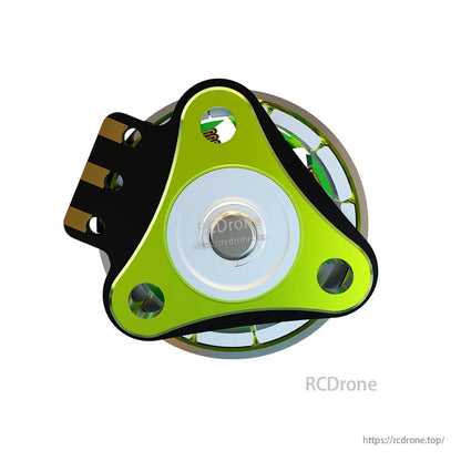 Bottom view showing triangular mounting base and screw holes on the green micro motor