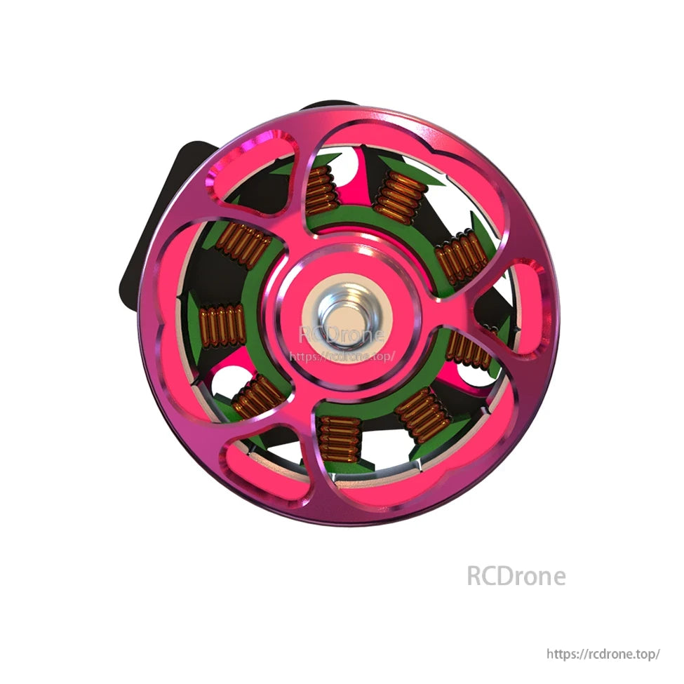 Top-down view of motor bell with copper windings visible through pink cutouts