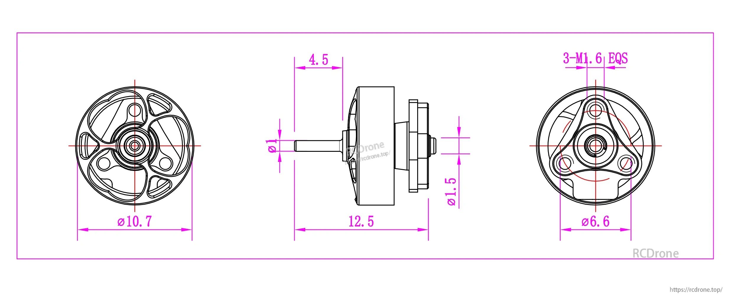 VCI 0802PRO 25666KV micro motor dimension drawing with 10.7 mm body, 12.5 mm length, 1 mm shaft, 3-M1.6 mount
