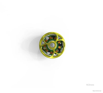 Top-down view of motor bell with vented green housing and visible copper windings