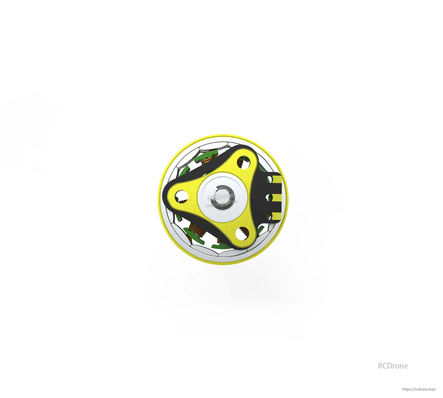 Bottom view of micro motor showing triangular mounting plate and center bearing hub