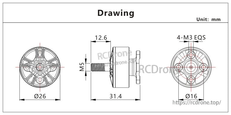 VCI 2207LT 2160KV Green&Fire FPV racing motor dimension drawing with Ø26mm body, 31.4mm height and M5 shaft