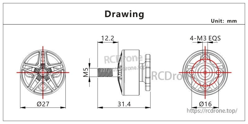 VCI 2207 PRO SPARK/YUKI Edition brushless FPV drone motor 6S M5 mechanical drawing with dimensions