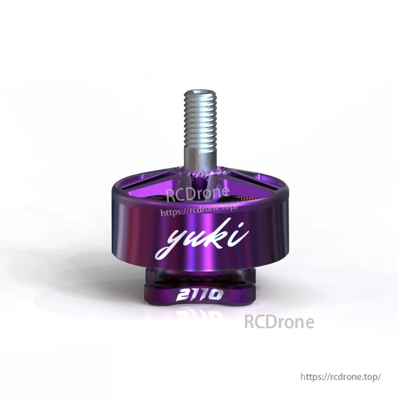 Purple Yuki edition FPV motor side view with “yuki” logo, M5 threaded shaft, and 2100 marking