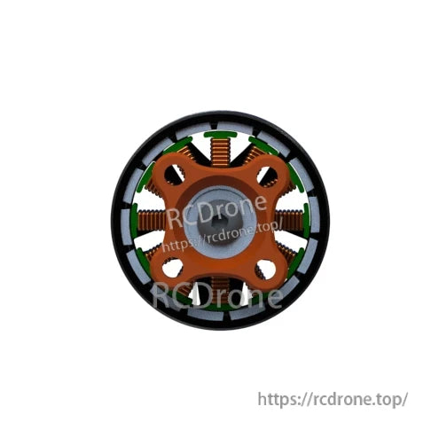 Bottom view of motor showing mounting base with four screw holes and internal stator windings