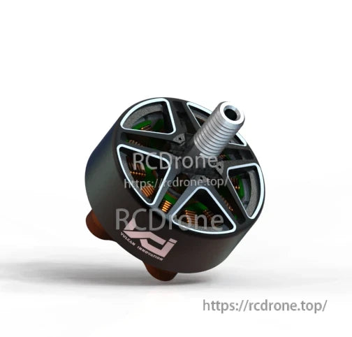 Angled view of black FPV motor bell with open frame cutouts showing copper windings and threaded shaft