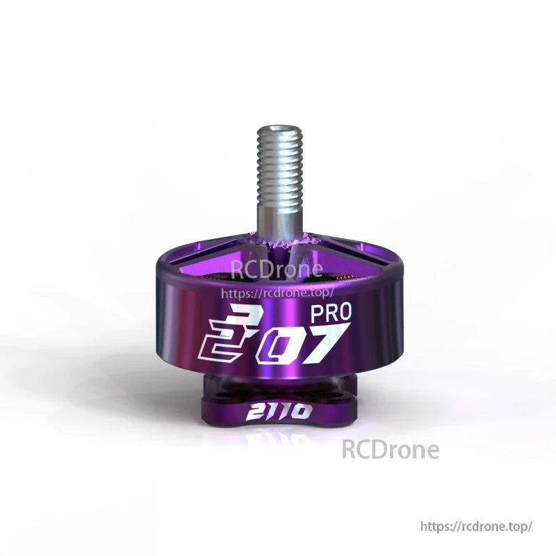 Purple 2207 PRO brushless FPV motor front view with M5 threaded shaft and 2100 marking on base