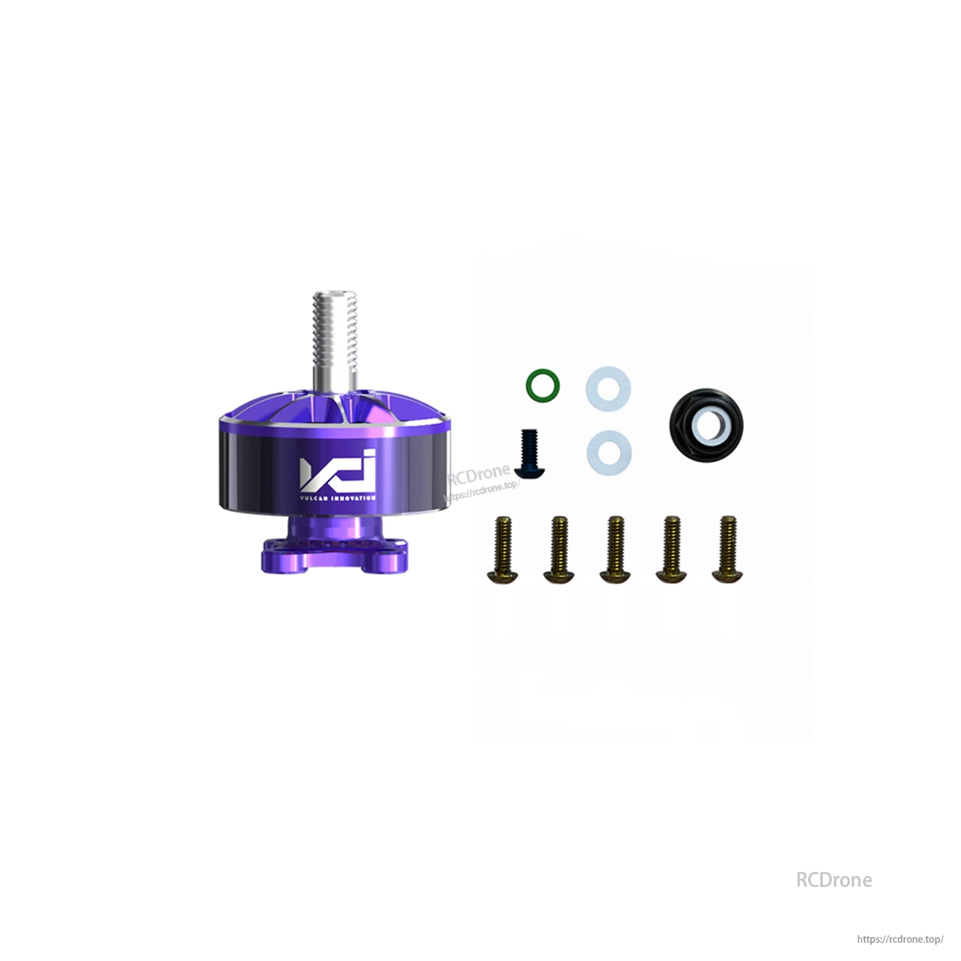 In-the-box contents: purple motor with mounting screws, washers, O-rings and spacer parts