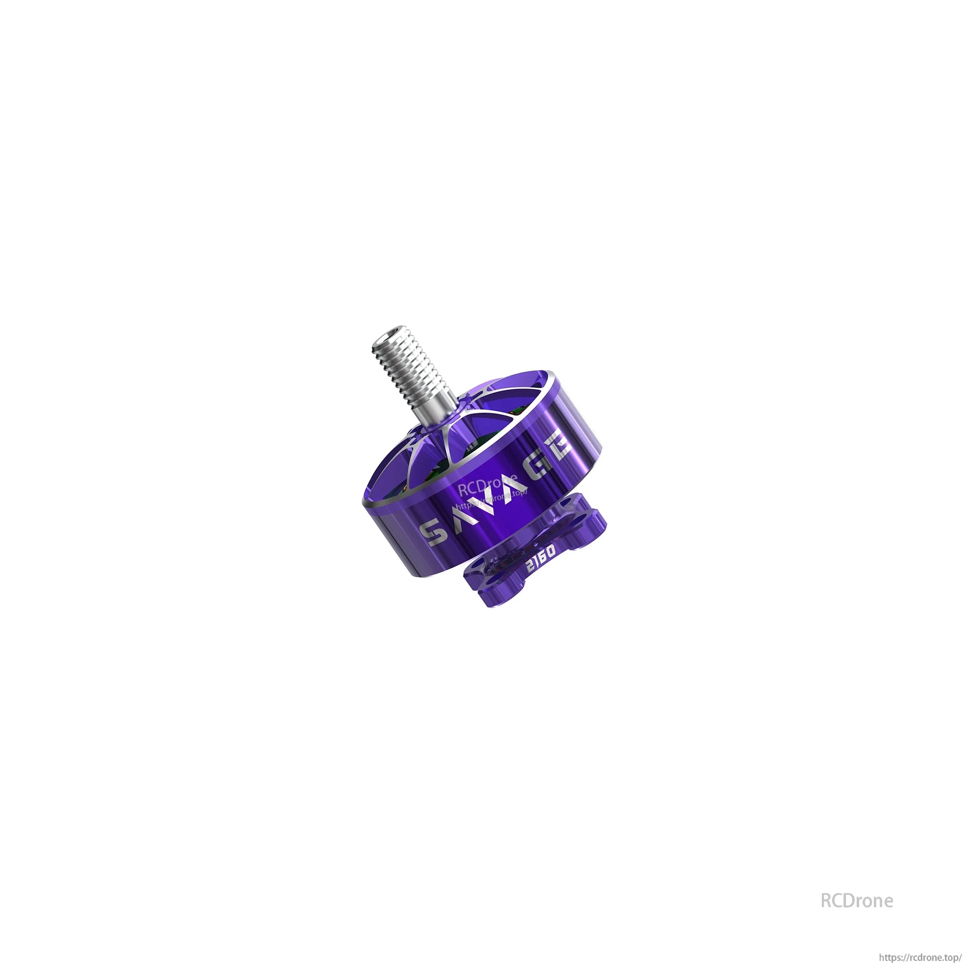 Three-quarter angle view of SAVAGE motor body with RCDRone logo and threaded shaft detail