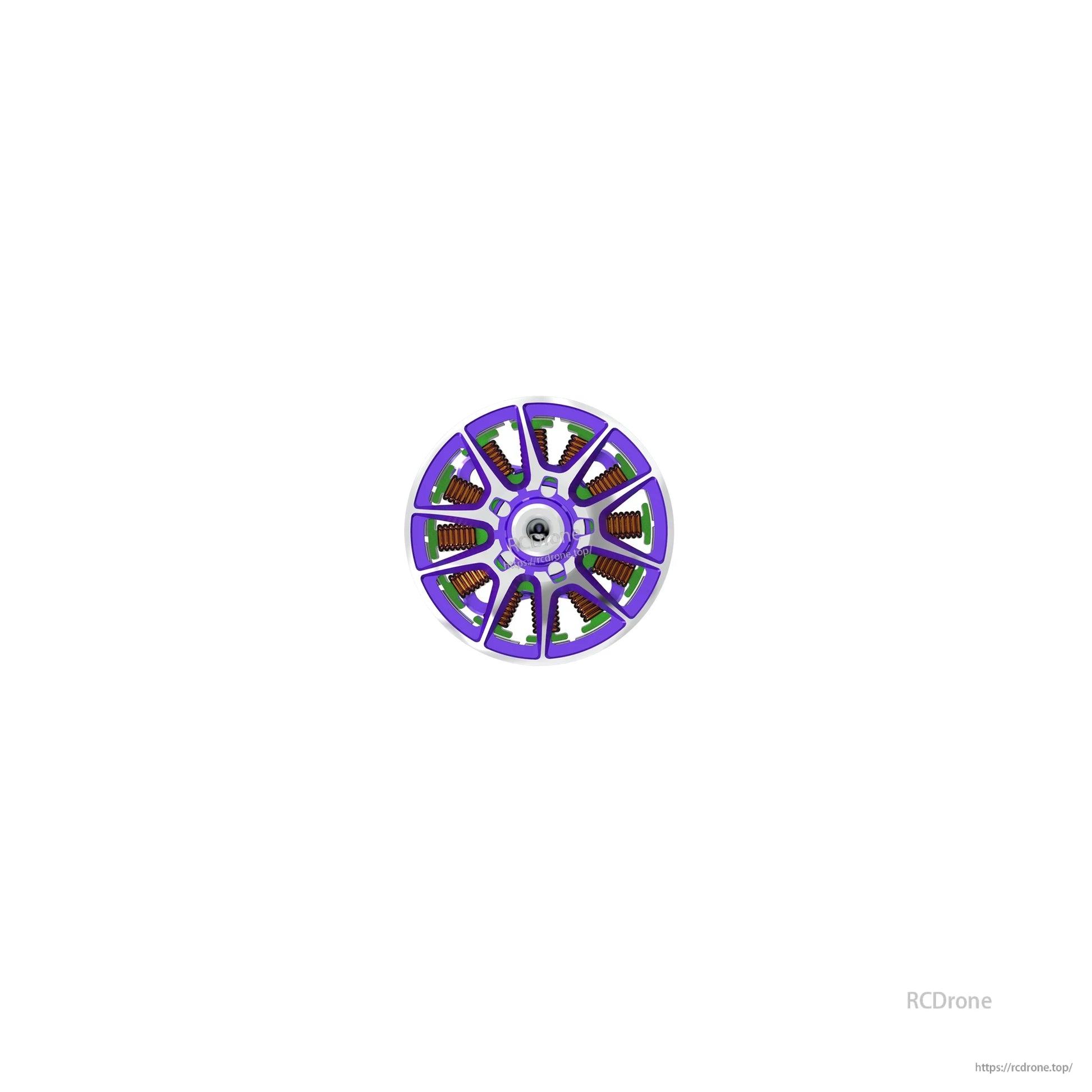 Top-down view of motor rotor showing purple cap spokes and visible copper windings