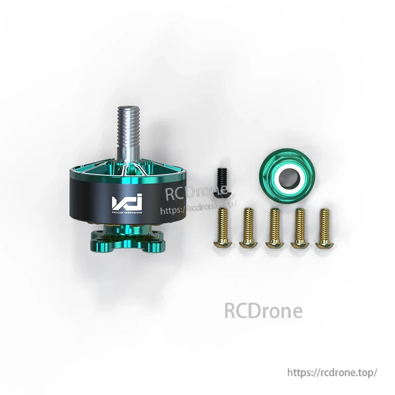 Green motor package contents with mounting screws, center screw, and prop adapter nut
