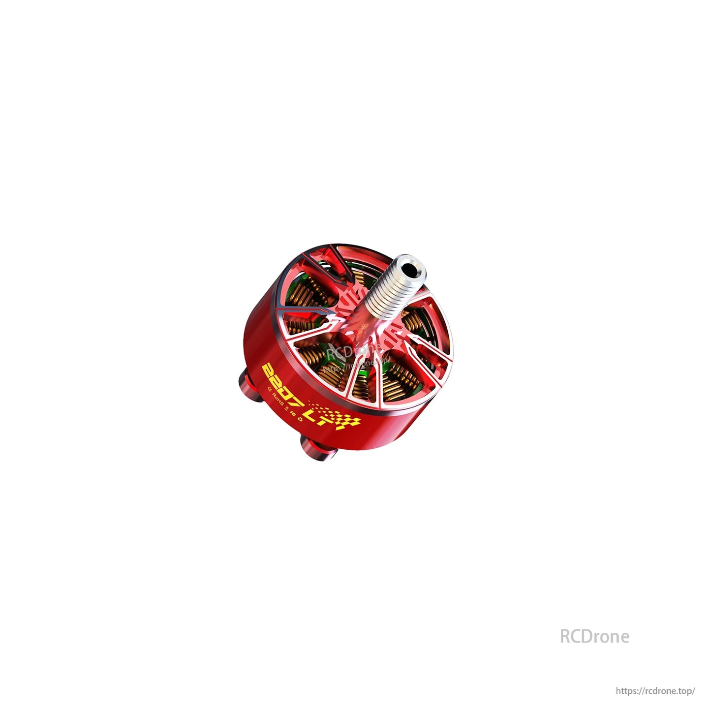 Red motor angled top view showing vented bell, internal windings, and threaded shaft detail