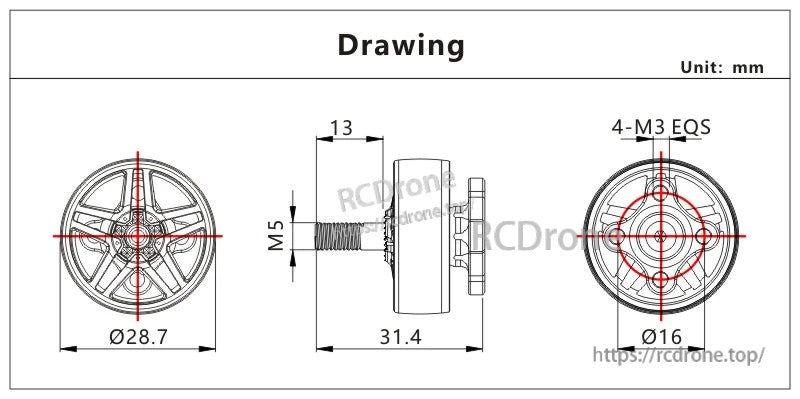 VCI Titan 2306 brushless motor dimension drawing with Ø28.7 mm body, 31.4 mm length, M5 shaft and 16 mm mount