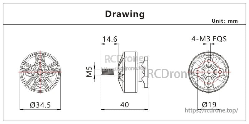 Dimension drawing for VCI ARES 2808 1350KV brushless motor with Ø34.5 mm body, 40 mm length and M5 shaft