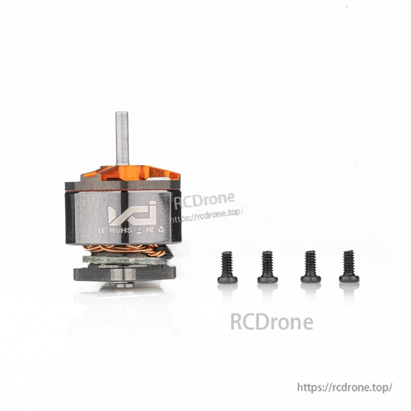 VCI SPARK 0703 motor with included mounting screws, side view with CE and RoHS markings