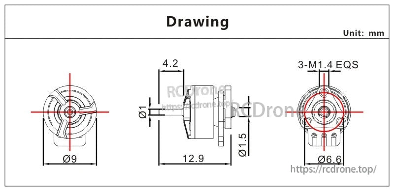 VCI SPARK 0703 brushless motor dimension drawing with 9mm body, 12.9mm length, and 6.6mm mounting circle