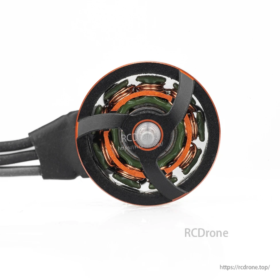 Top view of micro brushless motor rotor showing three-spoke bell, shaft center, and copper windings