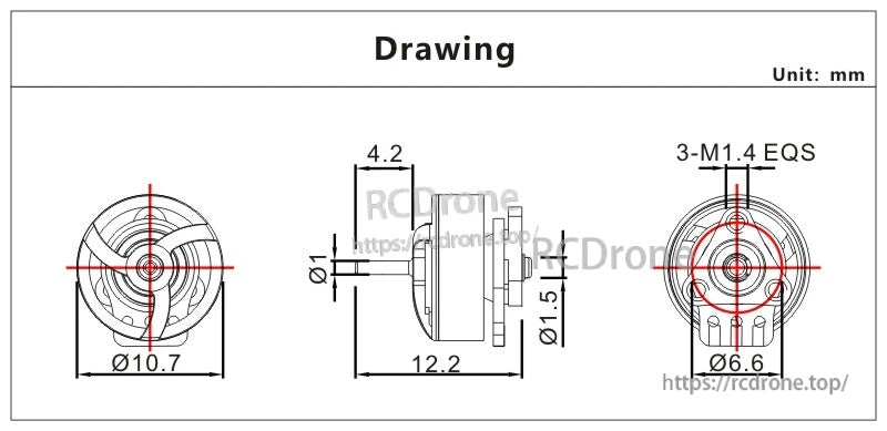 VCI SPARK 0802 brushless motor dimension drawing: Ø10.7×12.2mm body, 1mm shaft, 3×M1.4 mount Ø6.6mm