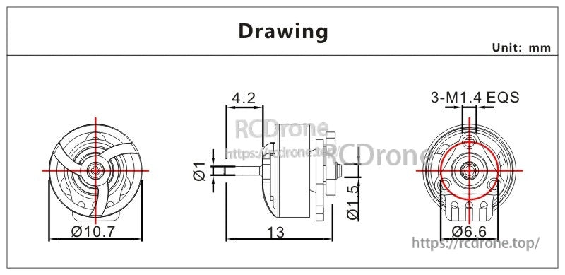 VCI SPARK 08028 Micro Brushless Motor dimension drawing: Ø10.7×13 mm body, Ø1 mm shaft, 3×M1.4 mount