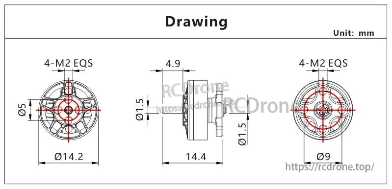 VCI SPARK 1102 brushless motor dimension drawing with 4×M2 mount pattern, Ø14.2 mm body and 1.5 mm shaft