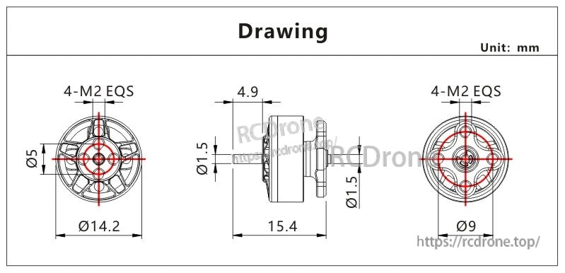 VCI SPARK 1103 Brushless Motor dimension drawing with Ø14.2×15.4 mm body and 4×M2 mounting pattern