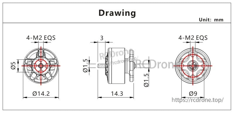 VCI SPARK 1104 FPV brushless motor dimension drawing with 14.2mm body, 1.5mm shaft, 4×M2 mount pattern