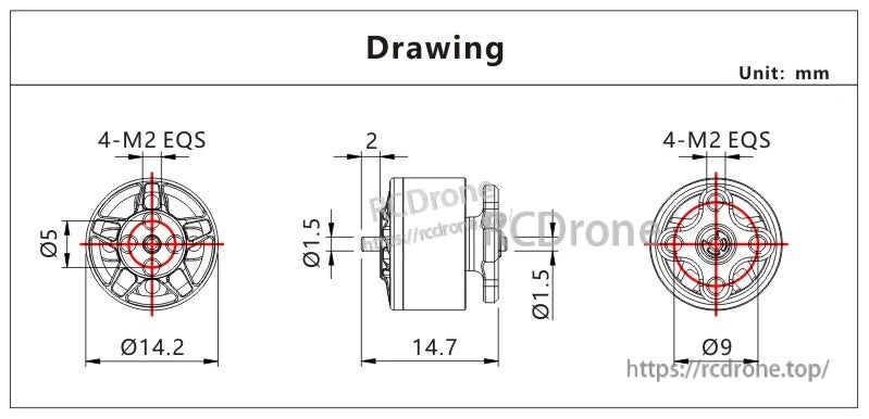 VCI SPARK 1105 brushless motor dimension drawing with 14.2mm diameter, 14.7mm length and 4×M2 mount