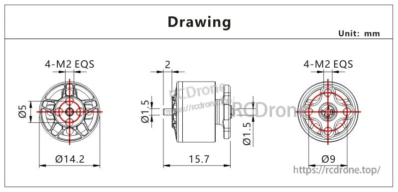 VCI SPARK 1106 Brushless Motor dimensions and 4×M2 mounting pattern technical drawing (mm)
