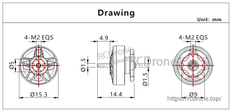 VCI SPARK 1202 7500KV/11000KV motor drawing with 15.3 mm diameter, 14.4 mm length and 4× M2 mount pattern