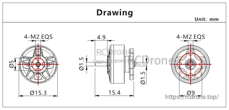 VCI SPARK 1203 brushless motor dimension drawing with 15.3mm diameter, 15.4mm length and 1.5mm shaft
