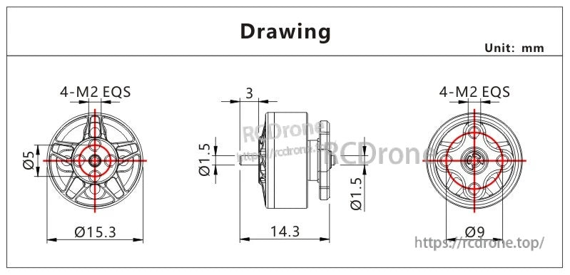 VCI SPARK 1204 brushless motor dimension drawing with 15.3mm OD, 14.3mm length, and 4×M2 mount pattern