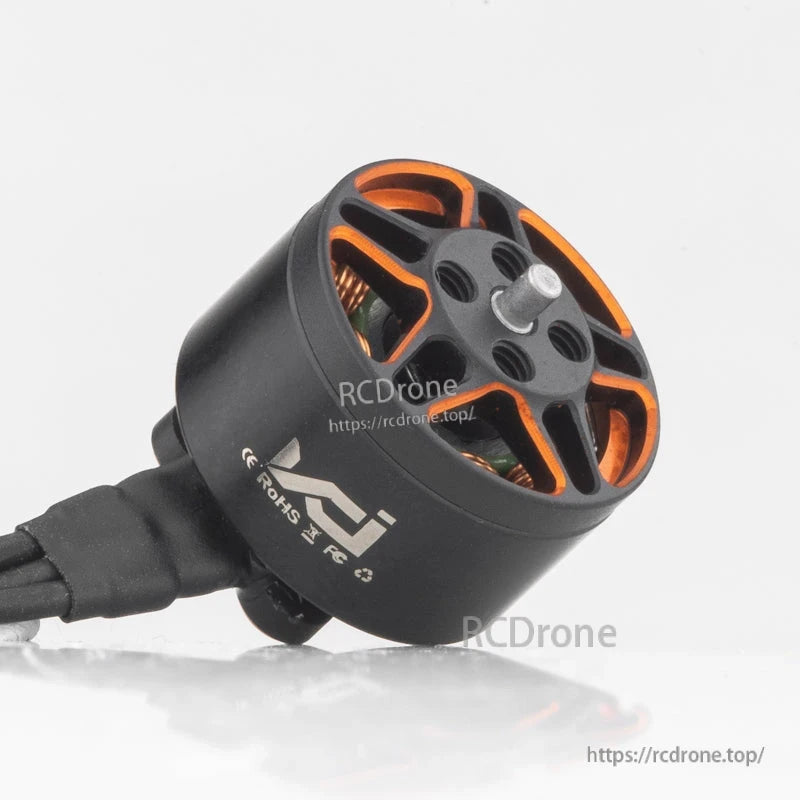 Angled view of 1206 brushless motor with protruding shaft and ESC wire lead