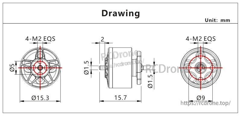 VCI SPARK 1206 brushless motor dimension drawing with Ø15.3×15.7mm body, Ø1.5mm shaft, 4×M2 mount