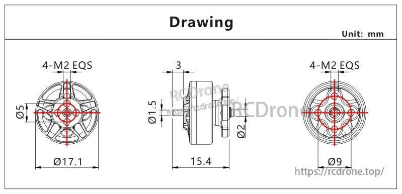 VCI SPARK 1303 Brushless Motor dimension drawing with 17.1 mm diameter, 15.4 mm length and 4×M2 mount