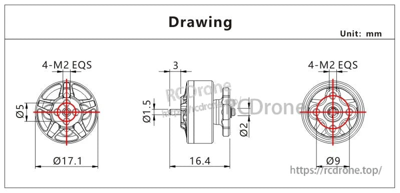VCI SPARK 1304 brushless motor dimension drawing with 17.1 mm diameter, 16.4 mm length, and 4x M2 mounting pattern