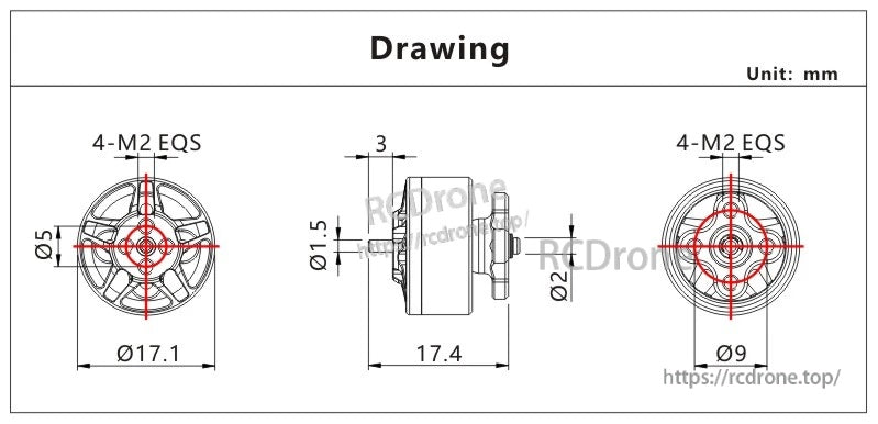 VCI SPARK 1305 Brushless Motor dimension drawing with Ø17.1×17.4mm body, Ø1.5mm shaft and 4×M2 mount