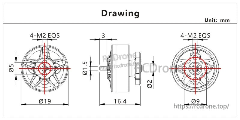 VCI SPARK 1404 brushless motor dimension drawing: Ø19×16.4 mm body, 4×M2 mount, 1.5 mm shaft