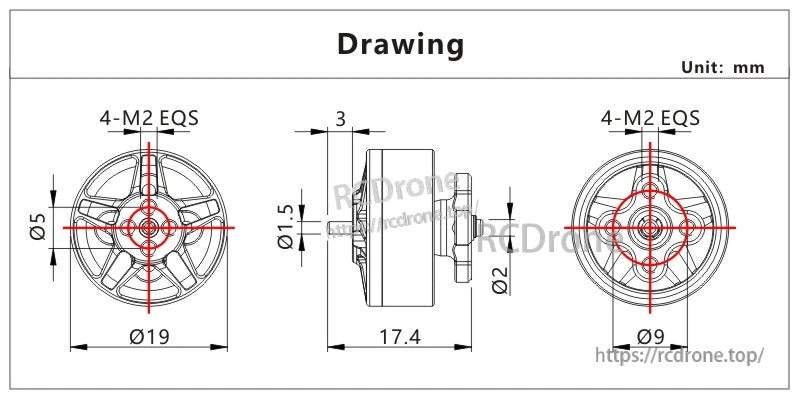 VCI SPARK 1405 Brushless Motor dimension drawing with Ø19×17.4 mm body, 4×M2 mount and Ø1.5 mm shaft
