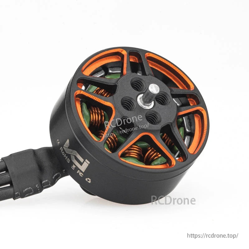 VCI SPARK 1406 brushless motor angled top view showing threaded prop shaft and mounting holes