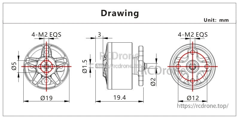 VCI SPARK 1407 Brushless Motor mechanical drawing with Ø19×19.4mm body and 4×M2 mount pattern