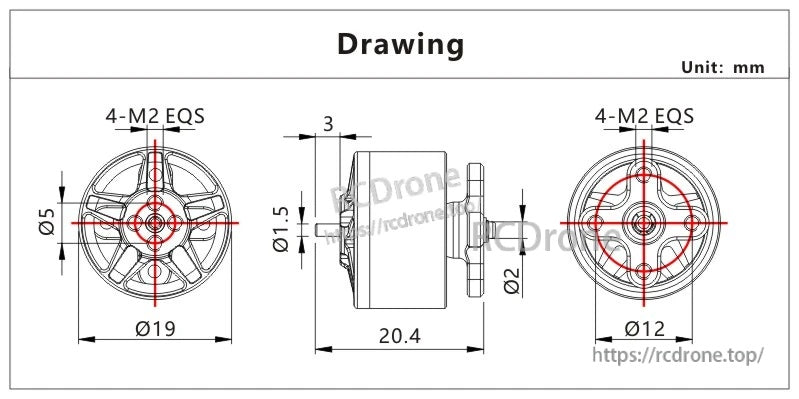 VCI SPARK 1408 Brushless Motor dimension drawing with Ø19×20.4 mm body and 4×M2 mounting pattern