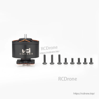 VCI SPARK 1408 motor with included mounting screw set; compliance icons printed on motor can