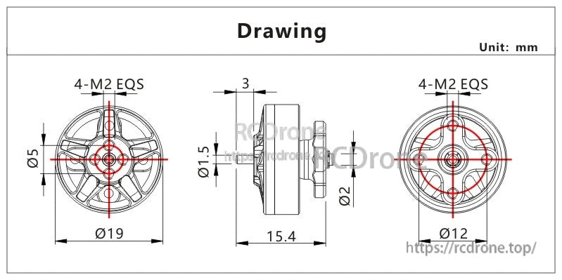 VCI SPARK 1503 brushless motor dimension drawing with Ø19×15.4 mm size, Ø12 bolt circle, 4×M2 mounts