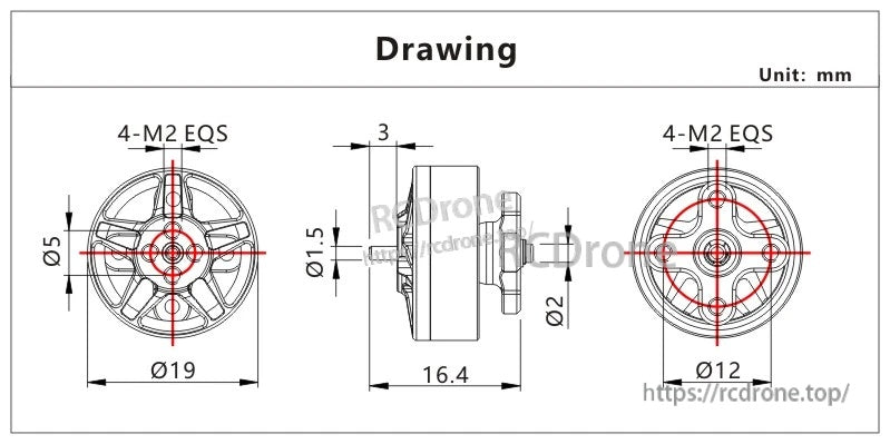 VCI SPARK 1504 brushless motor dimension drawing with 19 mm OD, 16.4 mm length, and 4x M2 mounting