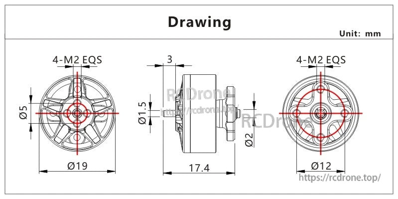 VCI SPARK 1505 brushless motor dimension drawing with 19 mm diameter, 17.4 mm height, Ø12 mm M2 mount pattern
