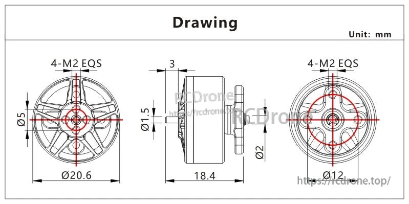 VCI SPARK 1606 motor dimension drawing with Ø20.6 mm body, Ø2 mm shaft, 18.4 mm length, 4×M2 mount