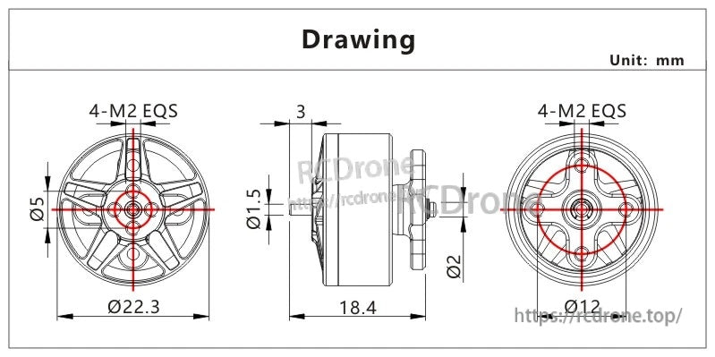 VCI SPARK 1805.4 brushless motor dimension drawing with 22.3mm body, 18.4mm length and 12mm M2 mount pattern